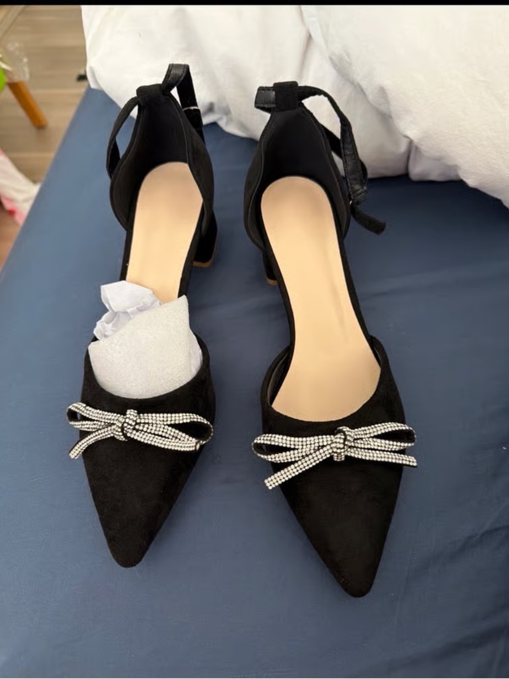 Elegant Black Pointed Toe D'Orsay Flats with Crystal Bow
